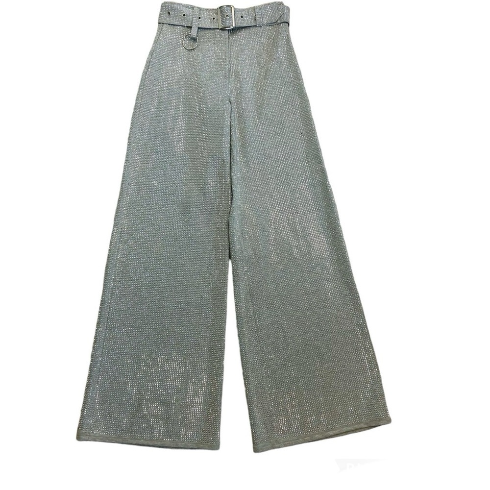 Ammo Gray Metallic silver rhinestone diamanté hotfix belted wide pants